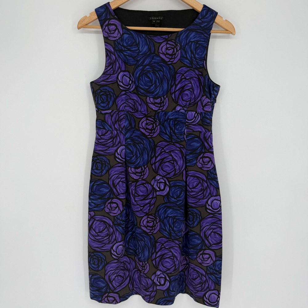Theory Seara DressWomens Purple Blue Rose Floral Stretch Cotton‎ Sheath Size 4